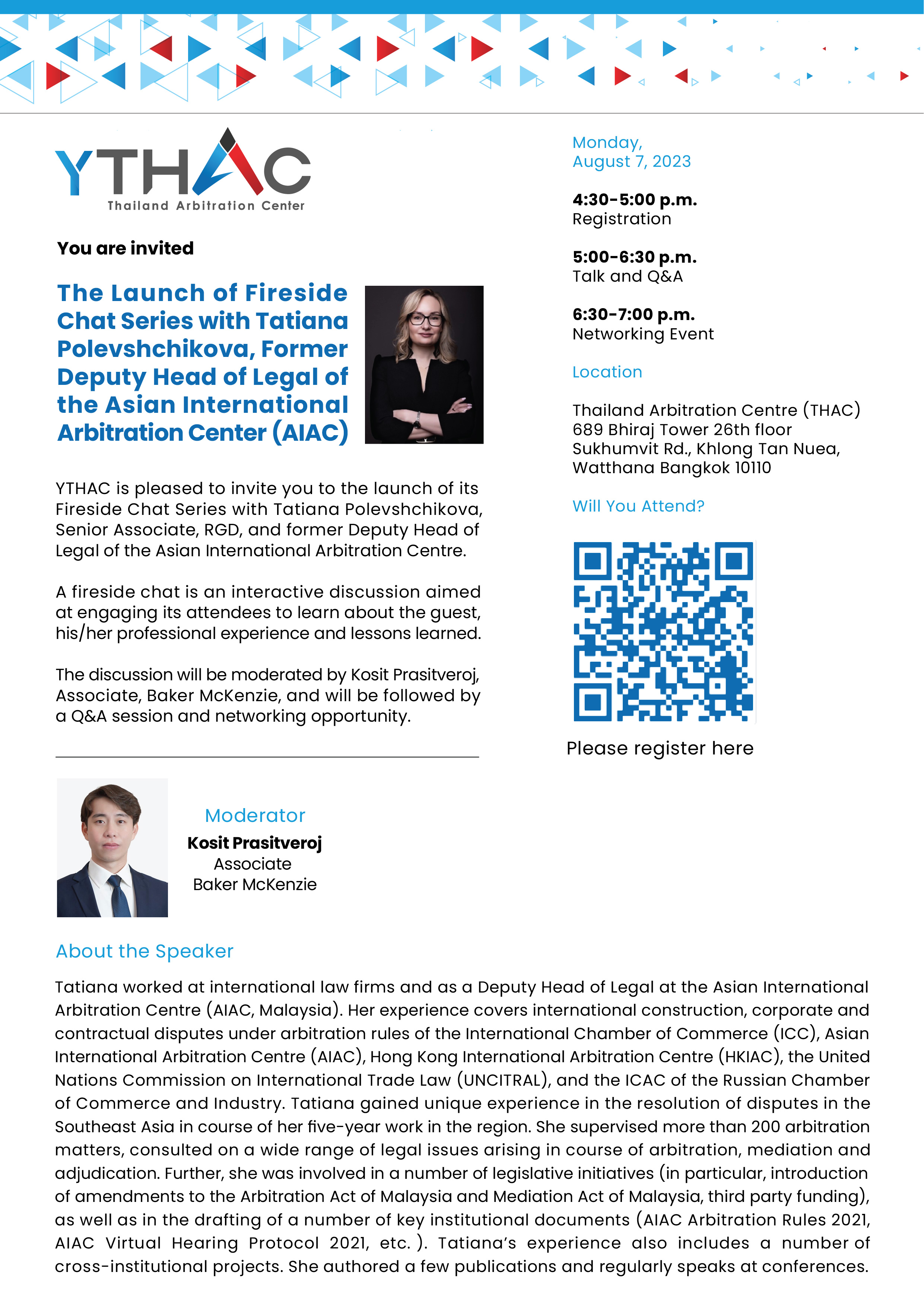 YTHAC Fireside Chat Series with Tatiana Polevshchikova, Senior Associate, RGD, and former Deputy Head of Legal of the Asian International Arbitration Centre.